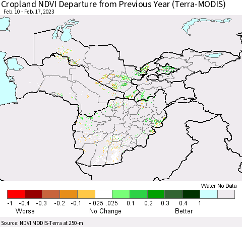 Central Asia Cropland NDVI Departure from Previous Year (Terra-MODIS) Thematic Map For 2/10/2023 - 2/17/2023