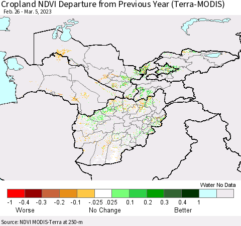 Central Asia Cropland NDVI Departure from Previous Year (Terra-MODIS) Thematic Map For 2/26/2023 - 3/5/2023