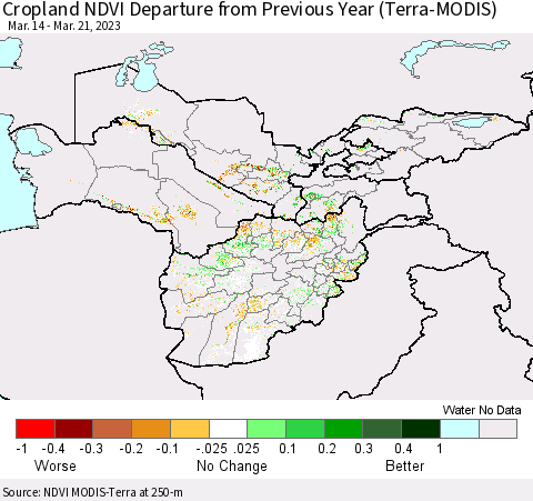 Central Asia Cropland NDVI Departure from Previous Year (Terra-MODIS) Thematic Map For 3/14/2023 - 3/21/2023
