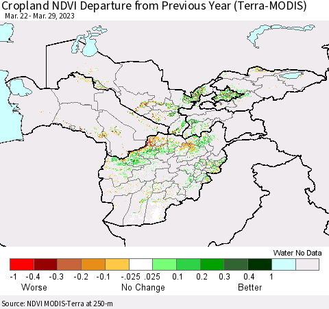 Central Asia Cropland NDVI Departure from Previous Year (Terra-MODIS) Thematic Map For 3/22/2023 - 3/29/2023