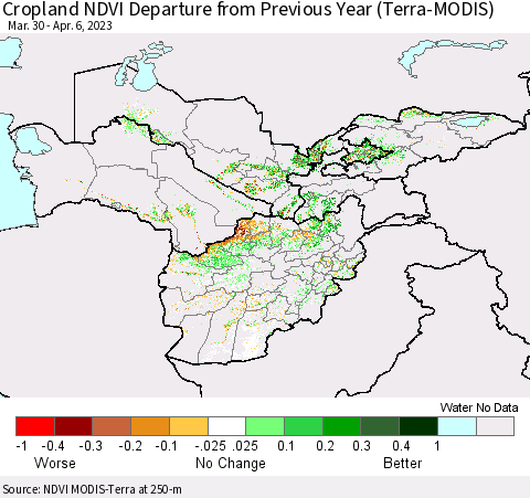 Central Asia Cropland NDVI Departure from Previous Year (Terra-MODIS) Thematic Map For 3/30/2023 - 4/6/2023