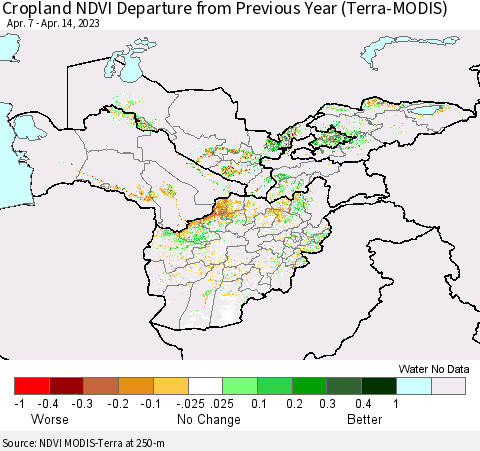 Central Asia Cropland NDVI Departure from Previous Year (Terra-MODIS) Thematic Map For 4/7/2023 - 4/14/2023