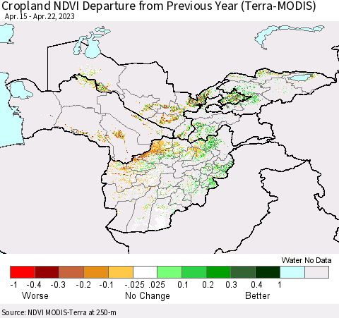 Central Asia Cropland NDVI Departure from Previous Year (Terra-MODIS) Thematic Map For 4/15/2023 - 4/22/2023