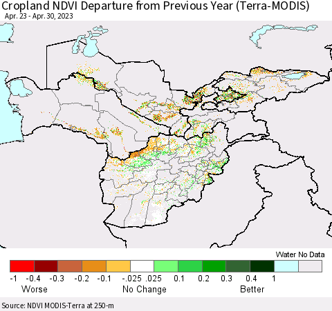 Central Asia Cropland NDVI Departure from Previous Year (Terra-MODIS) Thematic Map For 4/23/2023 - 4/30/2023