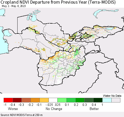 Central Asia Cropland NDVI Departure from Previous Year (Terra-MODIS) Thematic Map For 5/1/2023 - 5/8/2023