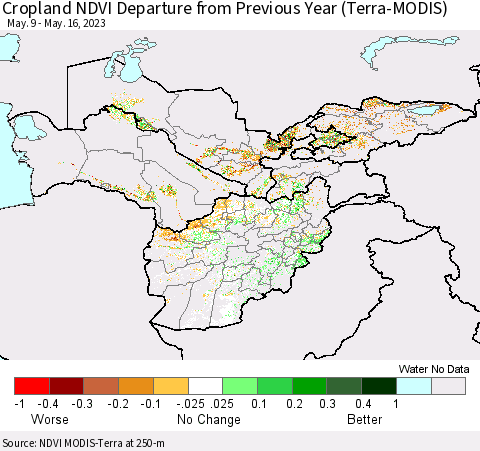 Central Asia Cropland NDVI Departure from Previous Year (Terra-MODIS) Thematic Map For 5/9/2023 - 5/16/2023