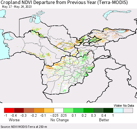 Central Asia Cropland NDVI Departure from Previous Year (Terra-MODIS) Thematic Map For 5/17/2023 - 5/24/2023