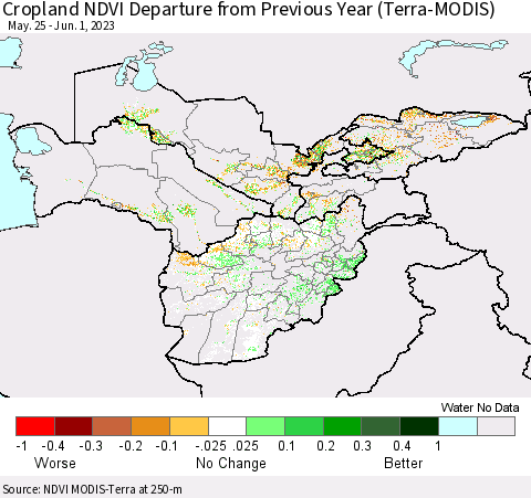 Central Asia Cropland NDVI Departure from Previous Year (Terra-MODIS) Thematic Map For 5/25/2023 - 6/1/2023