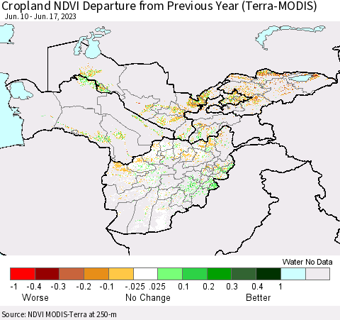 Central Asia Cropland NDVI Departure from Previous Year (Terra-MODIS) Thematic Map For 6/10/2023 - 6/17/2023