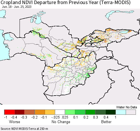 Central Asia Cropland NDVI Departure from Previous Year (Terra-MODIS) Thematic Map For 6/18/2023 - 6/25/2023