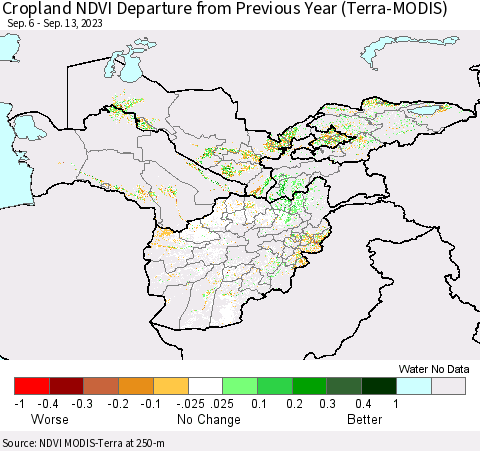 Central Asia Cropland NDVI Departure from Previous Year (Terra-MODIS) Thematic Map For 9/6/2023 - 9/13/2023