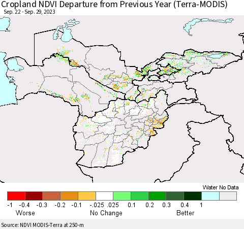 Central Asia Cropland NDVI Departure from Previous Year (Terra-MODIS) Thematic Map For 9/22/2023 - 9/29/2023