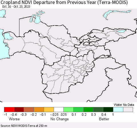 Central Asia Cropland NDVI Departure from Previous Year (Terra-MODIS) Thematic Map For 10/16/2023 - 10/23/2023