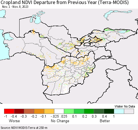 Central Asia Cropland NDVI Departure from Previous Year (Terra-MODIS) Thematic Map For 11/1/2023 - 11/8/2023
