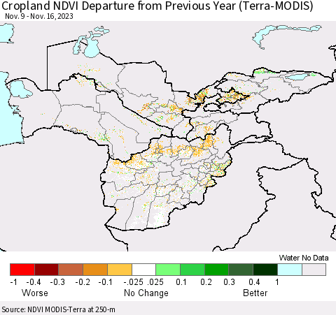 Central Asia Cropland NDVI Departure from Previous Year (Terra-MODIS) Thematic Map For 11/9/2023 - 11/16/2023