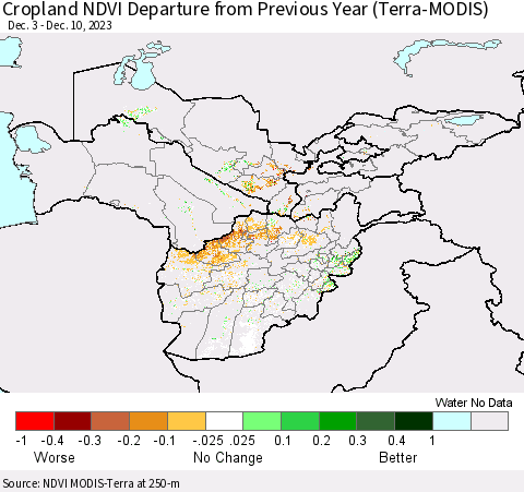 Central Asia Cropland NDVI Departure from Previous Year (Terra-MODIS) Thematic Map For 12/3/2023 - 12/10/2023