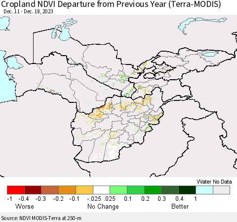 Central Asia Cropland NDVI Departure from Previous Year (Terra-MODIS) Thematic Map For 12/11/2023 - 12/18/2023