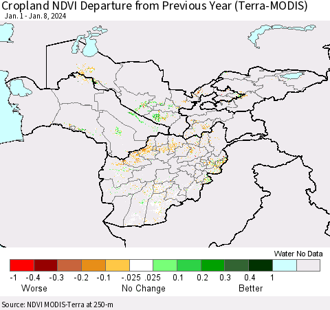 Central Asia Cropland NDVI Departure from Previous Year (Terra-MODIS) Thematic Map For 1/1/2024 - 1/8/2024