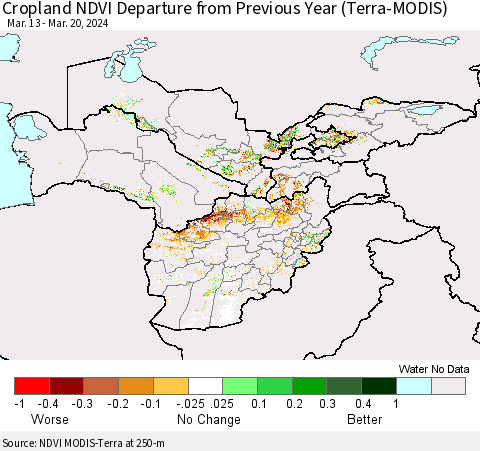 Central Asia Cropland NDVI Departure from Previous Year (Terra-MODIS) Thematic Map For 3/13/2024 - 3/20/2024