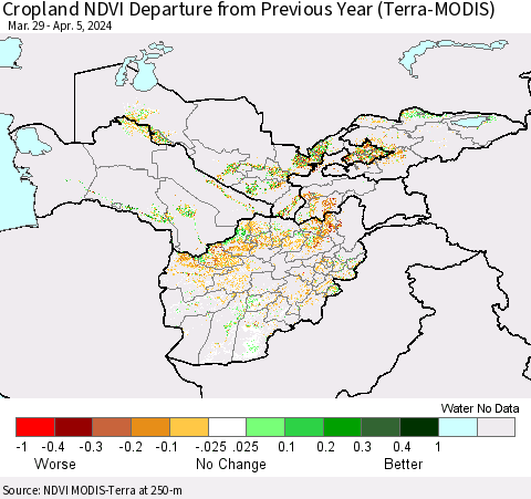 Central Asia Cropland NDVI Departure from Previous Year (Terra-MODIS) Thematic Map For 3/29/2024 - 4/5/2024