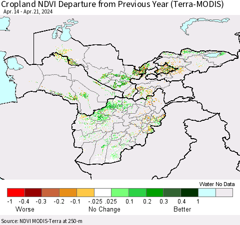 Central Asia Cropland NDVI Departure from Previous Year (Terra-MODIS) Thematic Map For 4/14/2024 - 4/21/2024