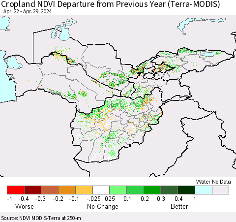 Central Asia Cropland NDVI Departure from Previous Year (Terra-MODIS) Thematic Map For 4/22/2024 - 4/29/2024