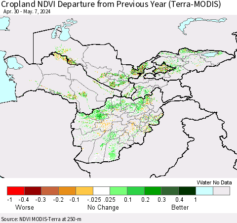 Central Asia Cropland NDVI Departure from Previous Year (Terra-MODIS) Thematic Map For 4/30/2024 - 5/7/2024