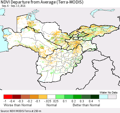 Central Asia NDVI Departure from Average (Terra-MODIS) Thematic Map For 9/6/2021 - 9/13/2021