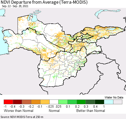 Central Asia NDVI Departure from Average (Terra-MODIS) Thematic Map For 9/22/2021 - 9/29/2021