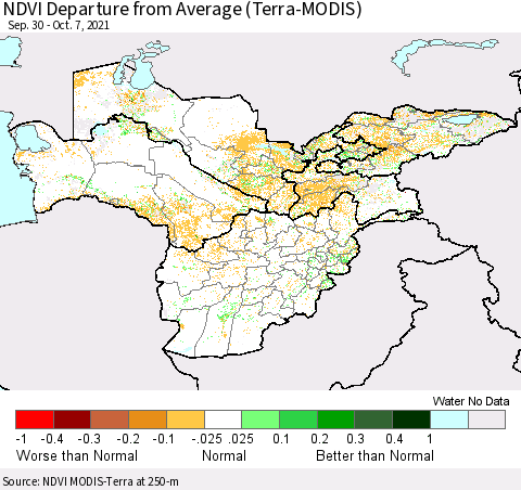 Central Asia NDVI Departure from Average (Terra-MODIS) Thematic Map For 9/30/2021 - 10/7/2021