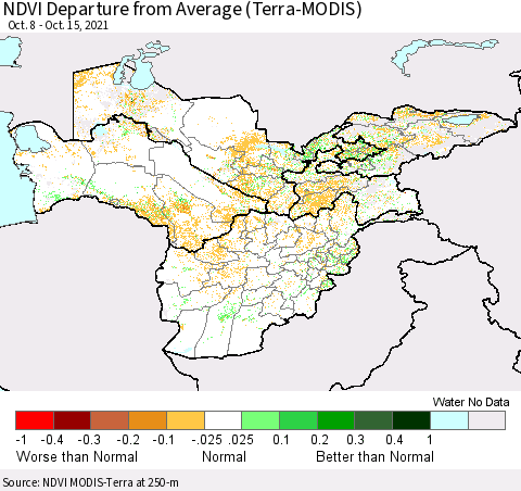 Central Asia NDVI Departure from Average (Terra-MODIS) Thematic Map For 10/8/2021 - 10/15/2021