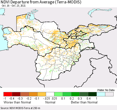 Central Asia NDVI Departure from Average (Terra-MODIS) Thematic Map For 10/16/2021 - 10/23/2021
