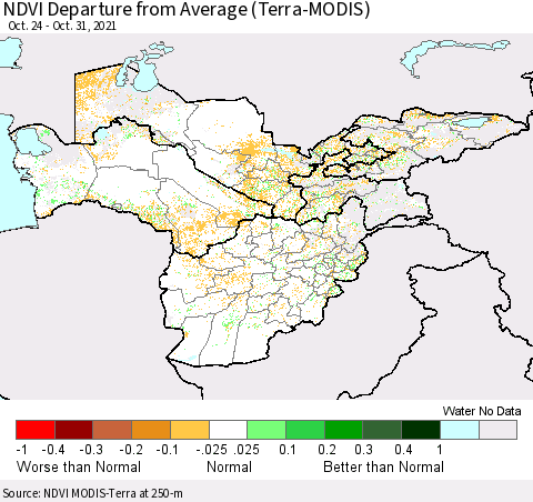 Central Asia NDVI Departure from Average (Terra-MODIS) Thematic Map For 10/24/2021 - 10/31/2021