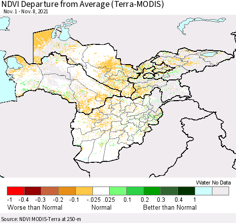 Central Asia NDVI Departure from Average (Terra-MODIS) Thematic Map For 11/1/2021 - 11/8/2021