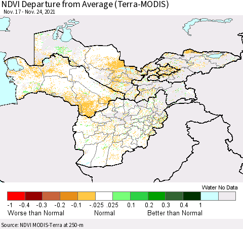 Central Asia NDVI Departure from Average (Terra-MODIS) Thematic Map For 11/17/2021 - 11/24/2021
