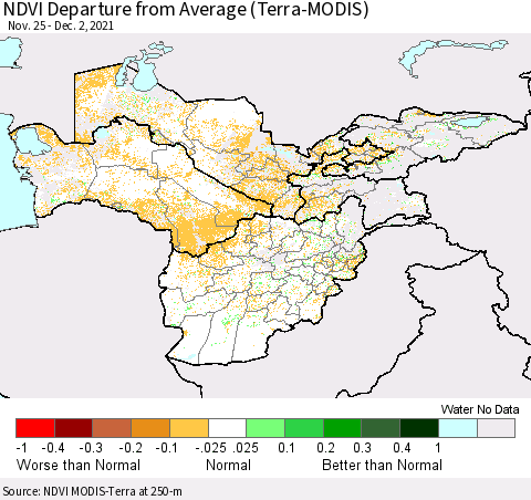 Central Asia NDVI Departure from Average (Terra-MODIS) Thematic Map For 11/25/2021 - 12/2/2021