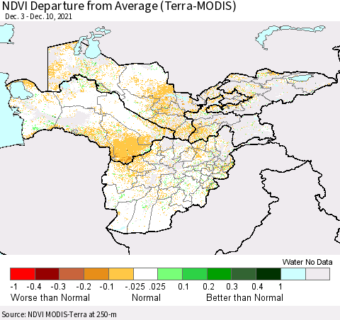 Central Asia NDVI Departure from Average (Terra-MODIS) Thematic Map For 12/3/2021 - 12/10/2021