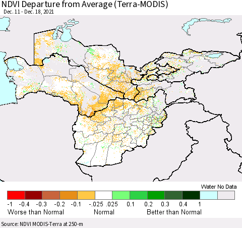 Central Asia NDVI Departure from Average (Terra-MODIS) Thematic Map For 12/11/2021 - 12/18/2021