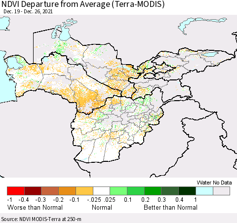Central Asia NDVI Departure from Average (Terra-MODIS) Thematic Map For 12/19/2021 - 12/26/2021