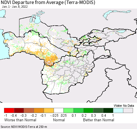 Central Asia NDVI Departure from Average (Terra-MODIS) Thematic Map For 1/1/2022 - 1/8/2022