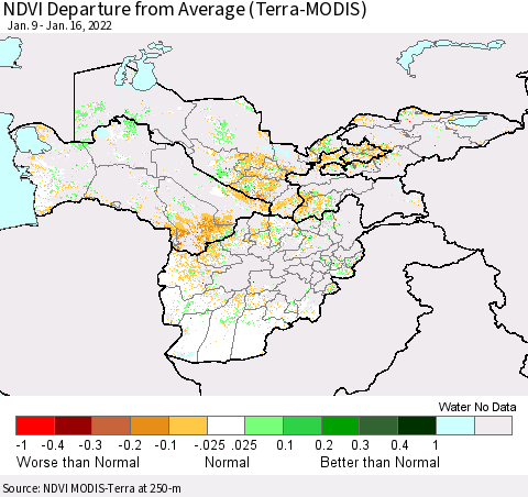 Central Asia NDVI Departure from Average (Terra-MODIS) Thematic Map For 1/9/2022 - 1/16/2022