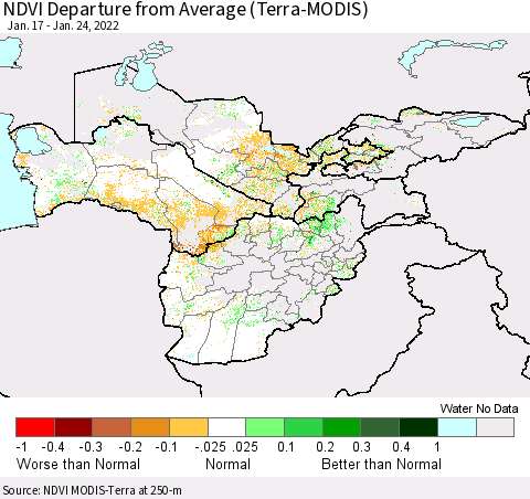 Central Asia NDVI Departure from Average (Terra-MODIS) Thematic Map For 1/17/2022 - 1/24/2022