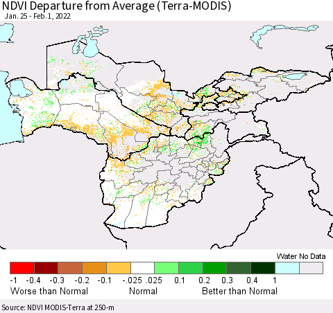 Central Asia NDVI Departure from Average (Terra-MODIS) Thematic Map For 1/25/2022 - 2/1/2022