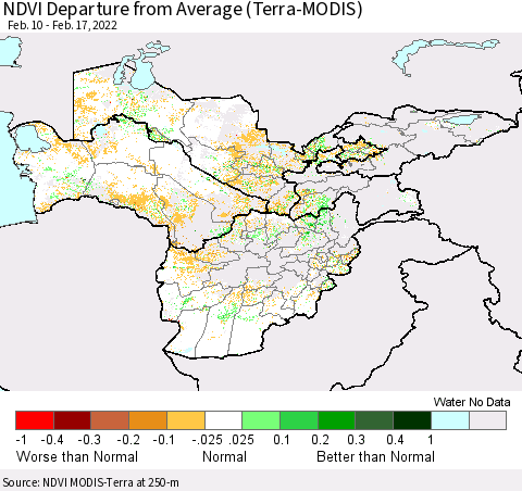 Central Asia NDVI Departure from Average (Terra-MODIS) Thematic Map For 2/10/2022 - 2/17/2022