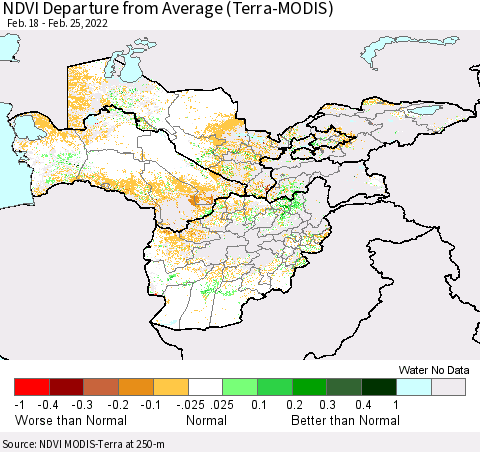 Central Asia NDVI Departure from Average (Terra-MODIS) Thematic Map For 2/18/2022 - 2/25/2022