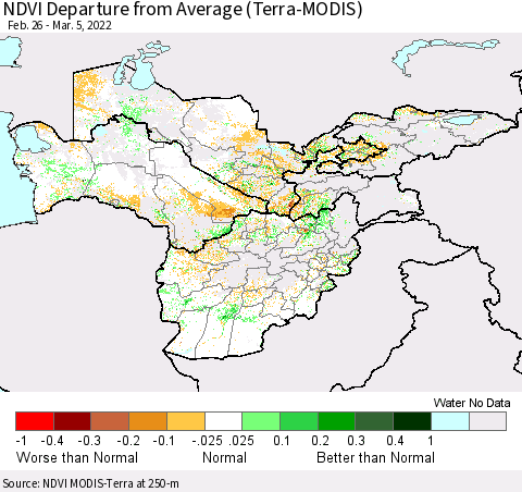 Central Asia NDVI Departure from Average (Terra-MODIS) Thematic Map For 2/26/2022 - 3/5/2022
