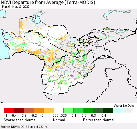 Central Asia NDVI Departure from Average (Terra-MODIS) Thematic Map For 3/6/2022 - 3/13/2022