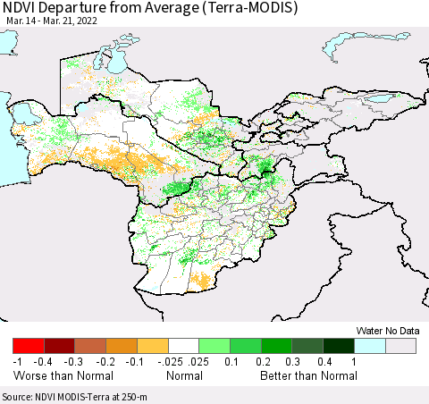 Central Asia NDVI Departure from Average (Terra-MODIS) Thematic Map For 3/14/2022 - 3/21/2022