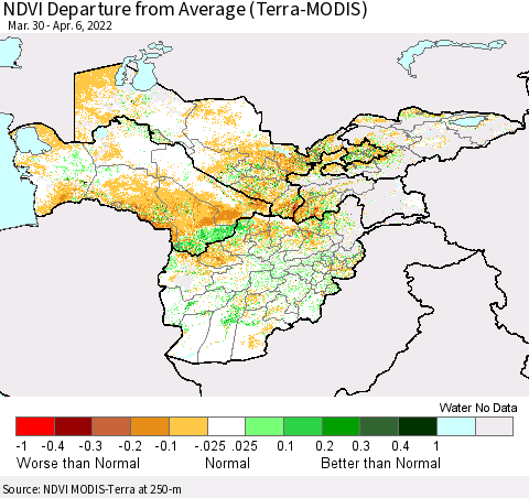 Central Asia NDVI Departure from Average (Terra-MODIS) Thematic Map For 3/30/2022 - 4/6/2022
