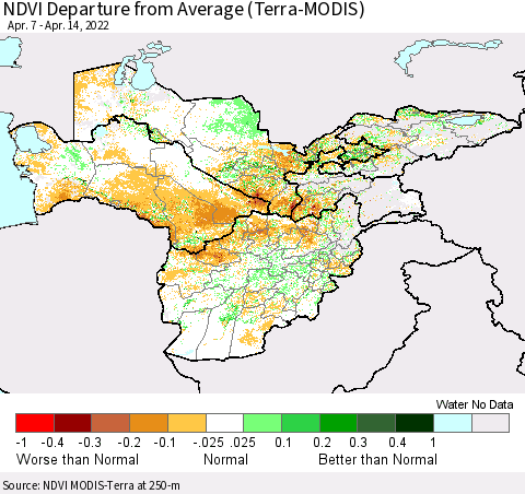 Central Asia NDVI Departure from Average (Terra-MODIS) Thematic Map For 4/7/2022 - 4/14/2022